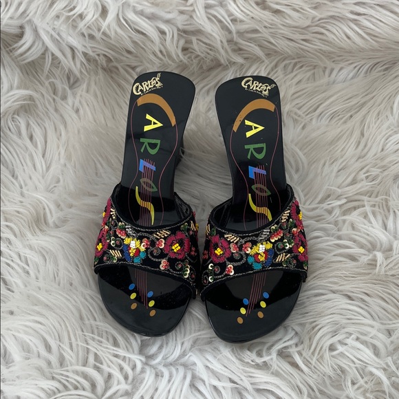 CARLOS SANTANA Beaded Wedge Sandal Heels Black SZ: 5.5” - Picture 1 of 16